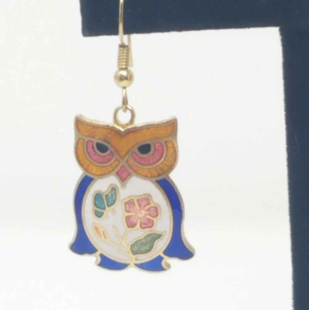 Vintage cloisonne‎ owl pierced earring dangle flora
